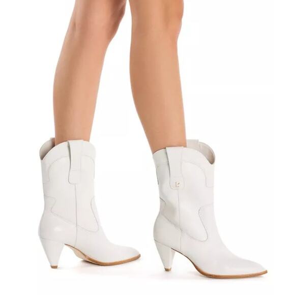 Larroude x LSF White Leather Thelma Heeled Cowboy Boots...